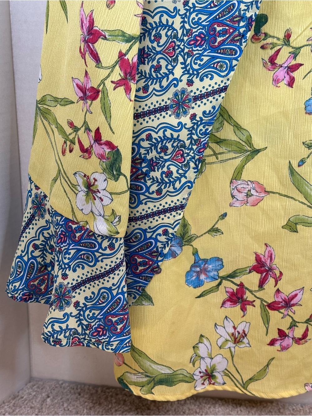 Figueroa & flower Fuchsia Yellow Floral Bell-Sleeve Blouse with Blue Trim - Picture 8 of 8